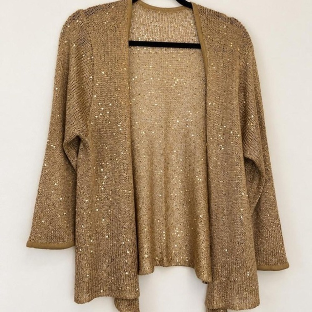 Gold Sequin Open Knit Draped Cardigan